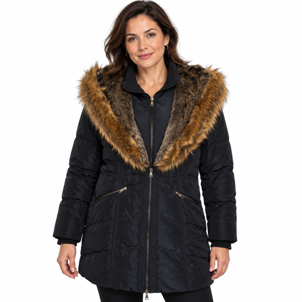 Antthony Original Puffer Coat Black Faux Fur Hood Dickie Zip Front Size M NWT